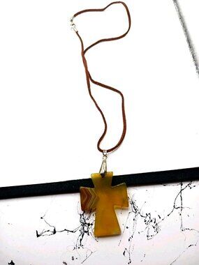 Cross Faux Stone Pendant Necklace on Brown Cord 23 Inches Long